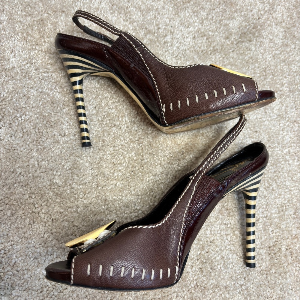 Zac Posen Brown Leather Peep Toe Slingback Y2K Striped Heels Size 7 - Picture 5 of 13